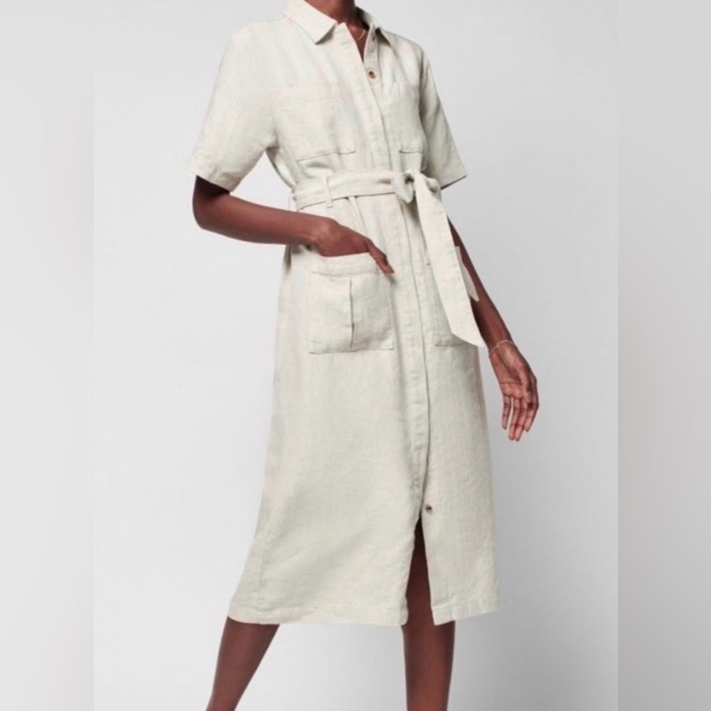 FAHERTY Linen Lita Button Down Midi Dress Birch Tan Size XSmall